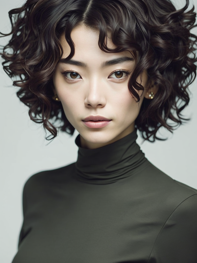 asian woman with short curly hair, wearing a turtleneck neck, anime manga art style