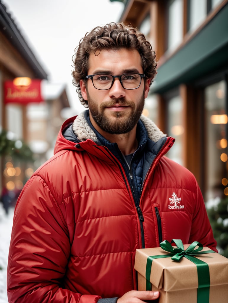 portrait of a bearded curly man wearing red puffer jacket, reeding glasses, stands front camera with gift box his hand, snowy weather, Christmas time, blurry background