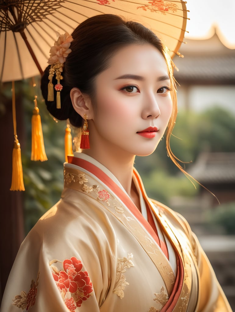 self-protrait, female chinese costume hanfu, floral, medium shot, golden hour lighting
