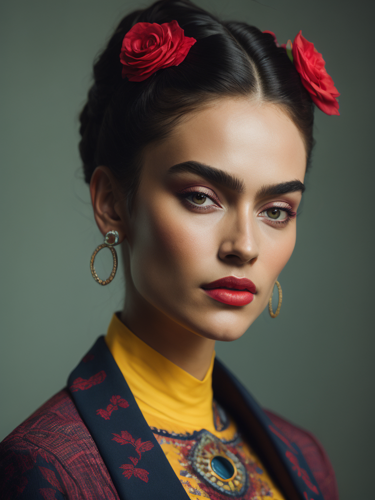 Portrait of Frida kahlo, bright and saturated colors, elegant, highly detailed, vogue, fashion magazine, sharp focus, Bright expressive makeup, Dramatic Lighting, Depth of field, Incredibly high detailed, blurred background