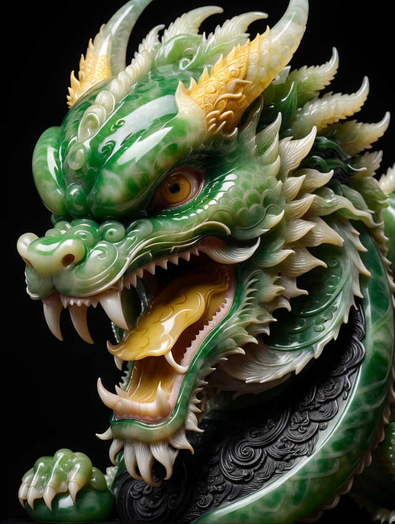 beautifully carved glossy jade heavenly Chinese dragon, wise face, hand carved nephrite jade, museum photo, black background