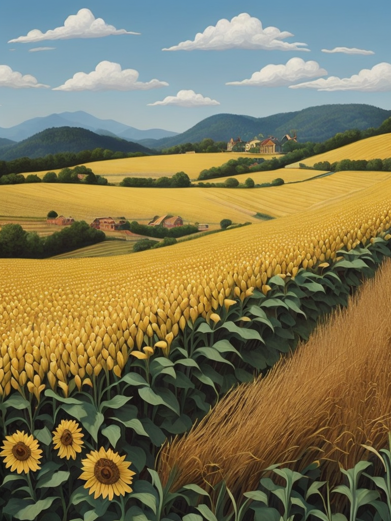 beautiful country scene with rolling hills and rows of corn, sunflowers and wheat please done in folk art style