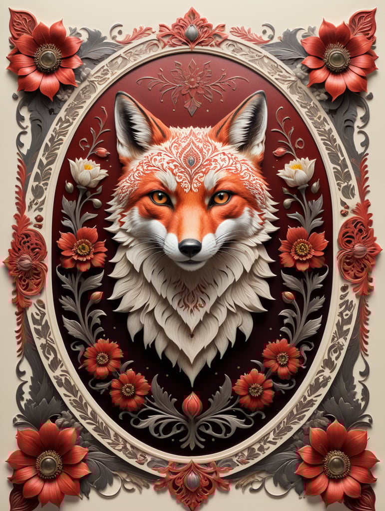 duochrome ink red on cream letterpress print of folk fox and flowers ornate frame design, empty space in middle for text, in the style of william morris