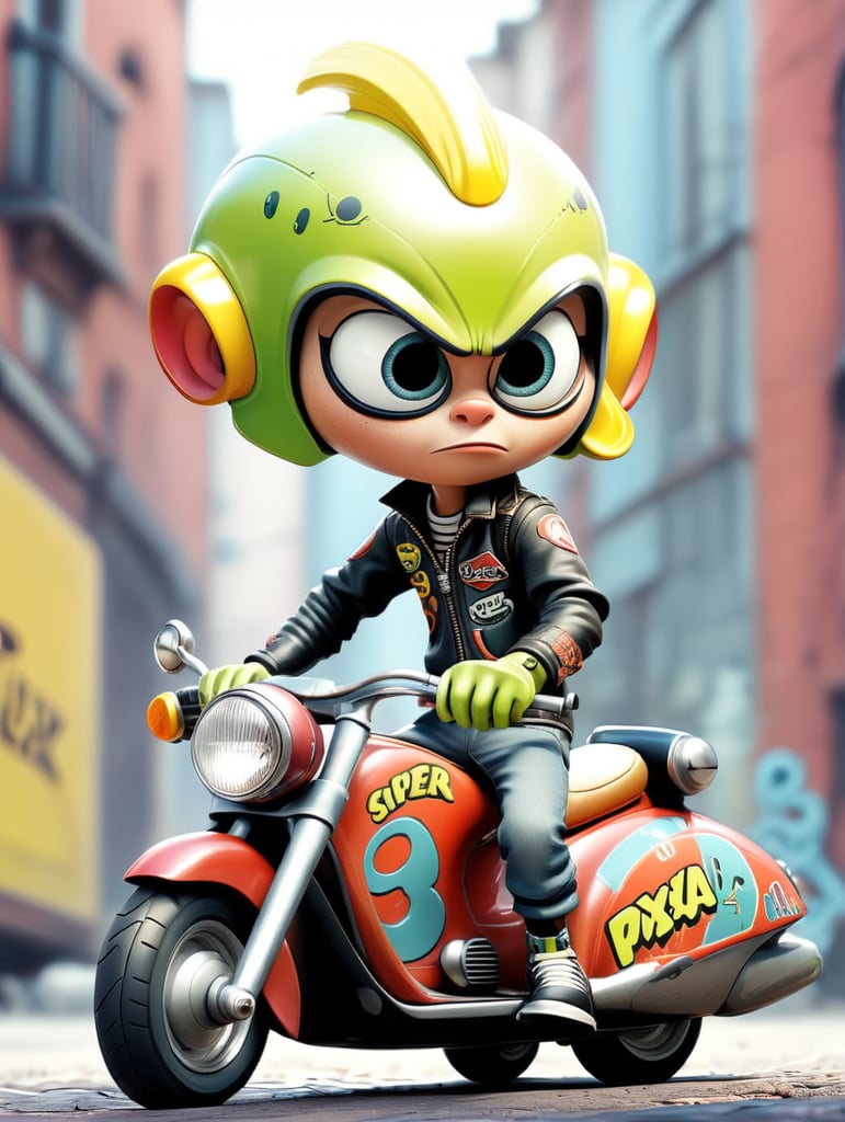 alien biker, super speed, racer, Vespa scooter - a unique streetwear design that combines old and new. Combine bold urban typography with retro graphics, taking inspiration from graffiti. Use a variety of earthy tones to give your design a modern touch with stylistic visual graphics.