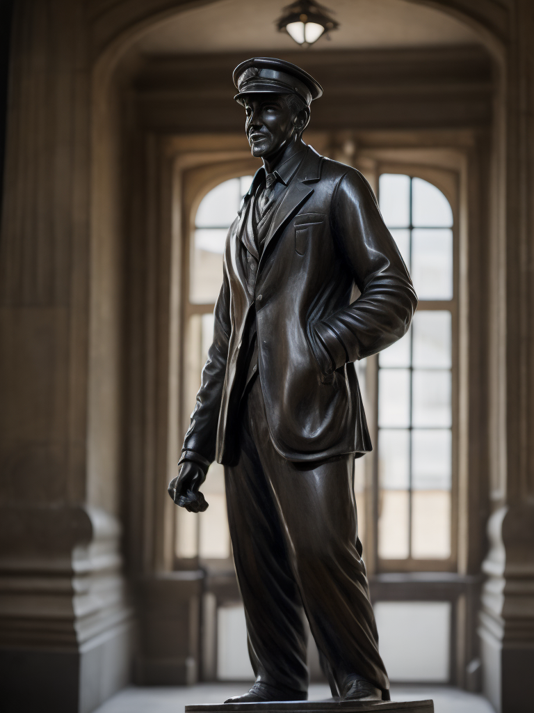 (((black marble statue))) of a english train worker, 1900, dark atmosphere, sharp on details