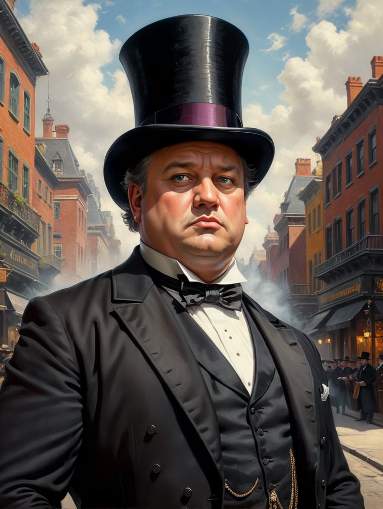 Portrait of a very rich obnoxious and polished fat businessman, wearing a black tailcoat and a black top hat, looking up with an arrogant look, standing in the middle of the street, early 19th century, style by Gil Elvgren