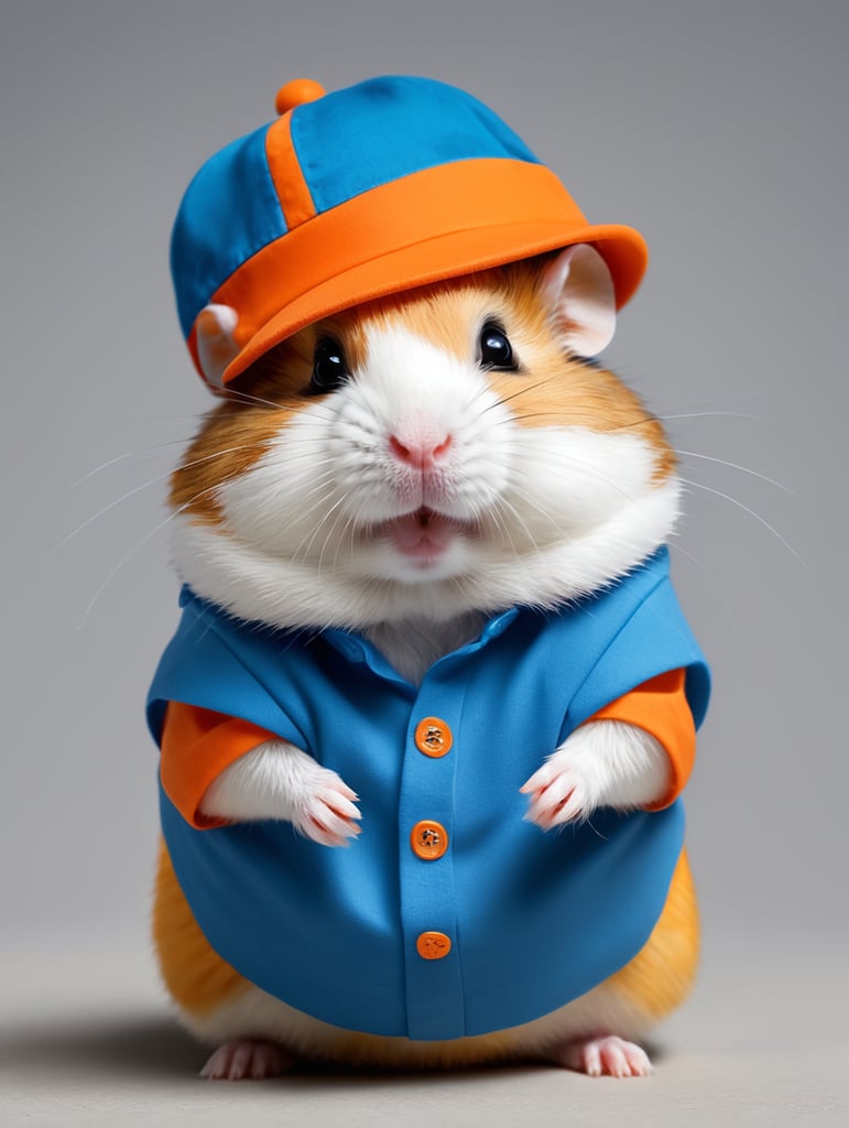 Een hamster pion met een blauw met oranje shirtje aan. De hamster heeft een hoedje op. De hamsters moeten lijken op die van de Albert Heijn.