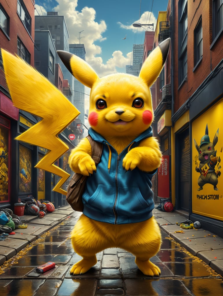 Pikachu Pokemon wearing urban clothes over a minimal plain yellow background