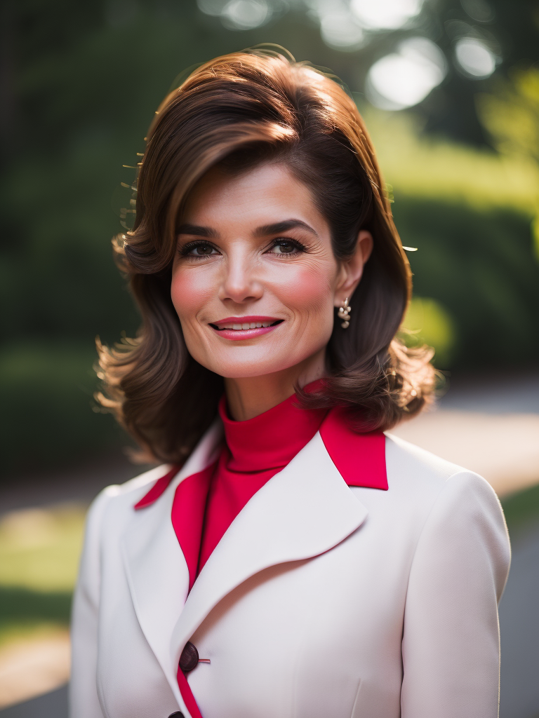 Portrait of (((first lady jackie kennedy)) in a red oscar de la renta suit gan, portrait in the white house backyard, sharp focus, highly detailed, photorealistic photoreal: 1.4, lifelike,highly detailed CG unified 8K,looking at the viewer smiling, (HQ skin:1.4), 8k uhd, dslr, soft lighting, high quality, film grain, Fujifilm XT3, smiling front camera.