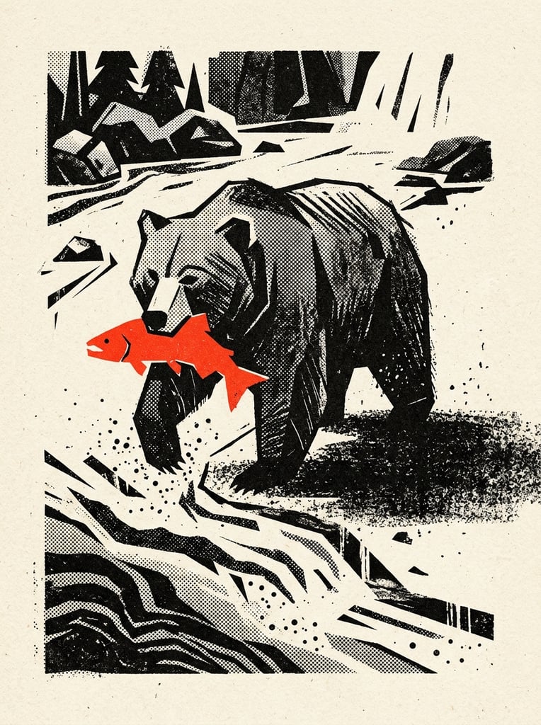 A graphic risograph-style illustration of a large bear catching a fish, defined by extreme mid-century constructivist minimalism and vintage offset printing techniques. The bear is rendered in dense, textured black ink, stylized with heavy halftone dot patterns and stippled shading that create harsh, directional form. In the bear's jaws is a sharply contrasting, flat vermillion red fish, providing a bold block of vivid color. The subjects are anchored on a bare, off-white cream background emphasizing coarse paper grain and tactile surface texture. Heavy, dense black cast shadows stretch horizontally to the right of the bear, formed by tightly clustered ink stippling. The overall composition utilizes a strictly limited palette of deep black, pure tomato red, and cream paper tone, characterized by subtle ink bleed, high-contrast geometry, and a heavily textured, retro graphic aesthetic.