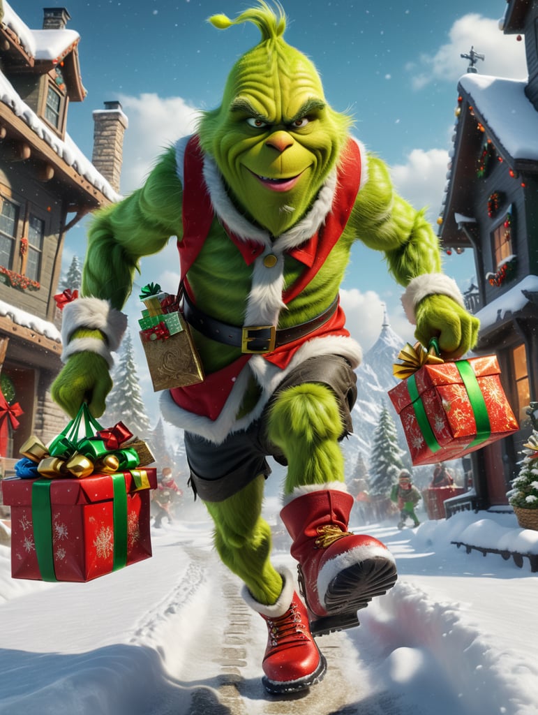 Grinch character running with money and Christmas gifts in snow boots