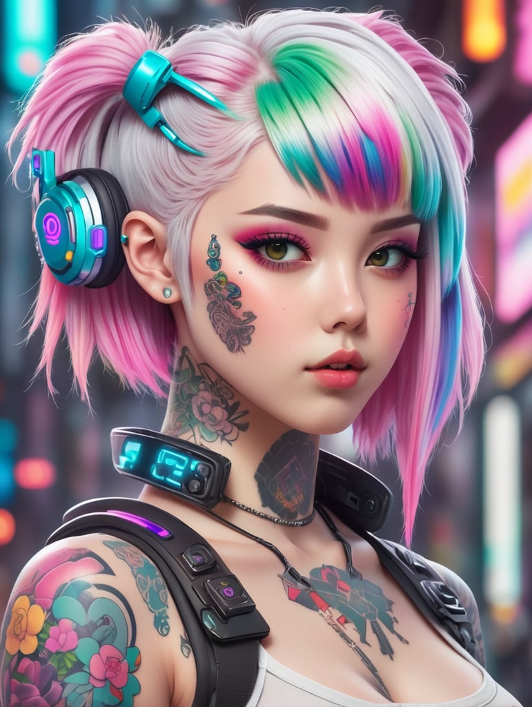 a cute anime girl with tattoo on face ,white skin ,colorful hair and she on Cyberpunk style (4K)