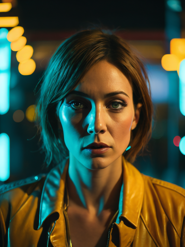 a women looks on the camera, yellow side lighting, focused gaze, canon 50 lens, focus on the face everything else is in blur, the blade runner scene.