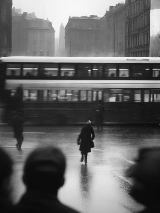 View of a bus full of people going to work, view from inside a dropped bus window, winter 1978, berlin, rain, black & white, realistic