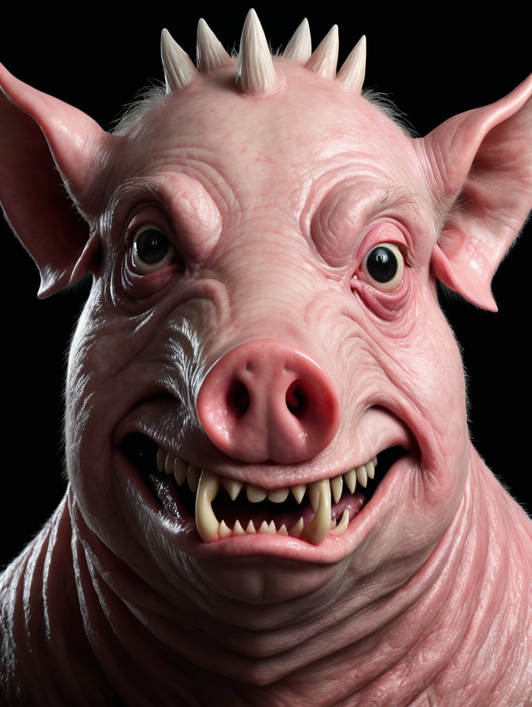 The strangest, scariest, pig-faced monster, horror feel, black background, realistic