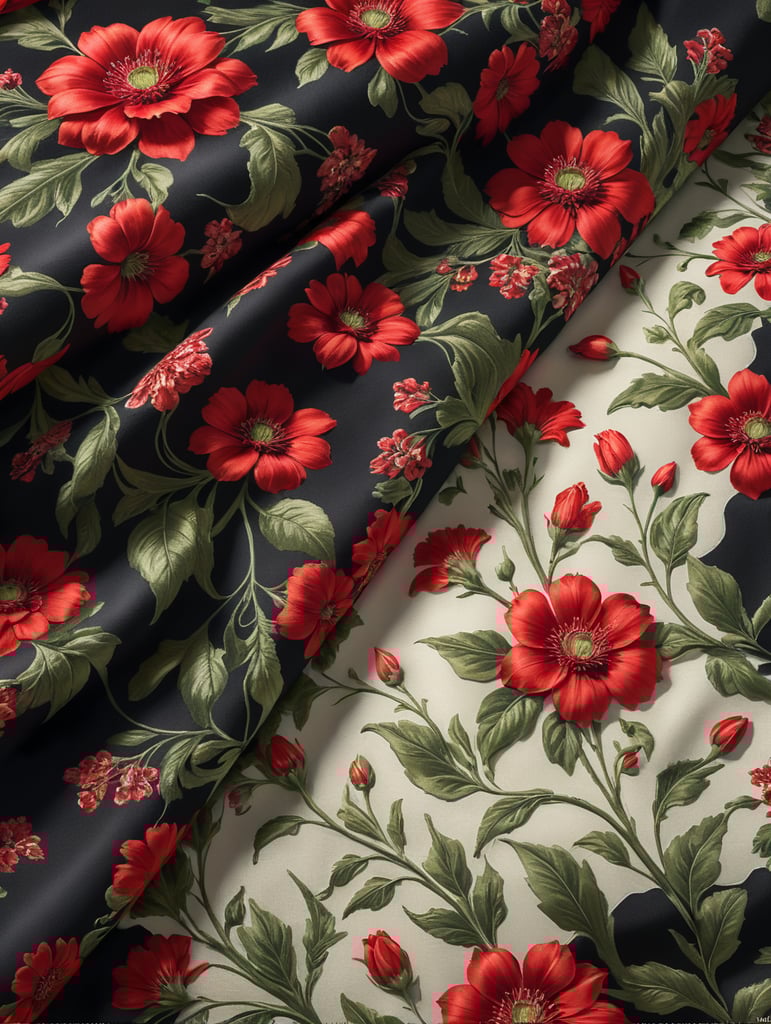 Fabric with printed graphics of red flowers