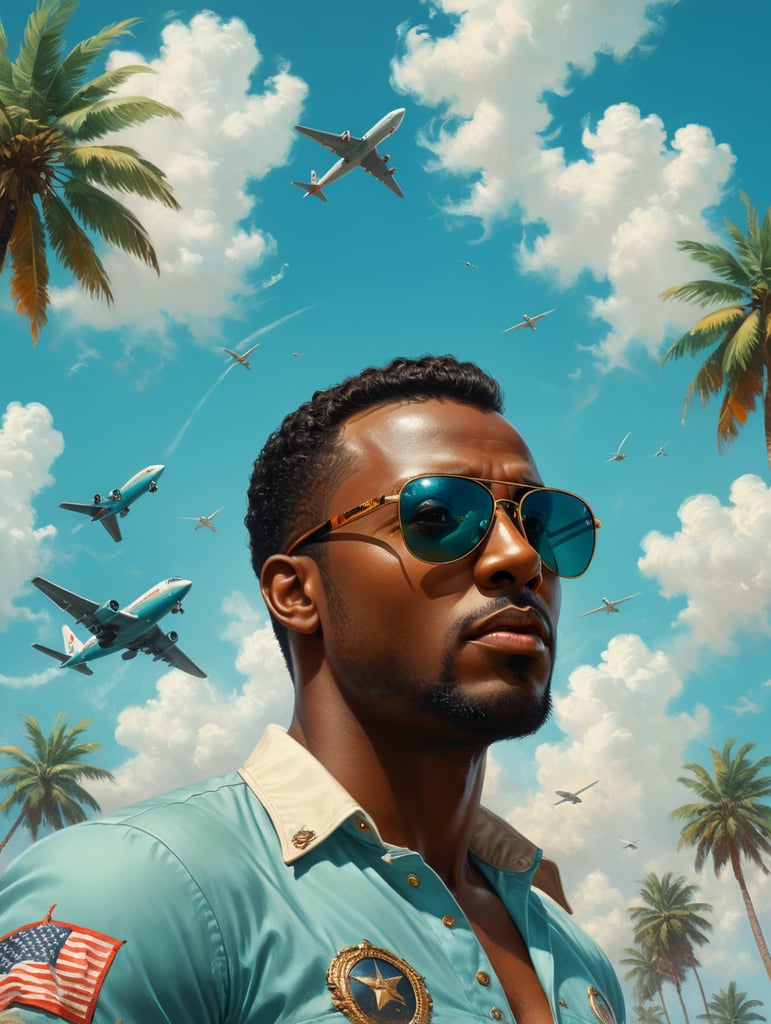 Pin up art, portrait, a black man raised his head up, looks at the sky, sunglasses, one airplane flies in a clear sky and leaves a mark, summer, palms around, palms reflected on a sunglasses, turquoise shades, style by Gil Elvgren