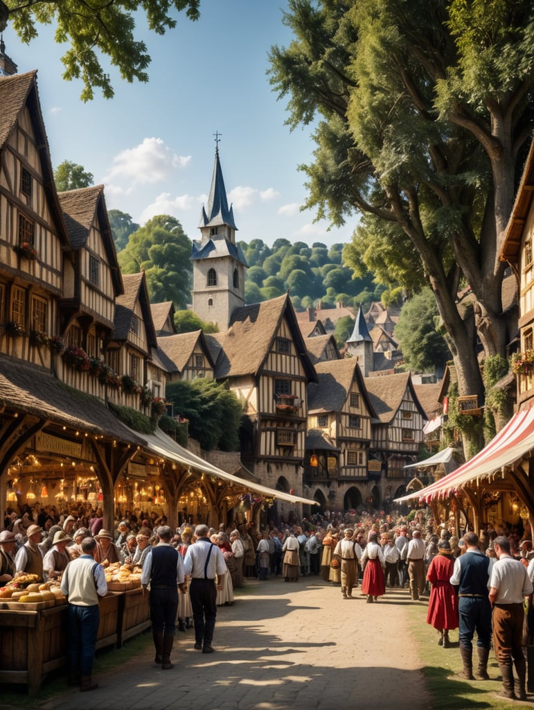 A medieval-inspired creative concept is depicted in a tilt-shift photograph capturing the joyful ambiance of a village fete and fair