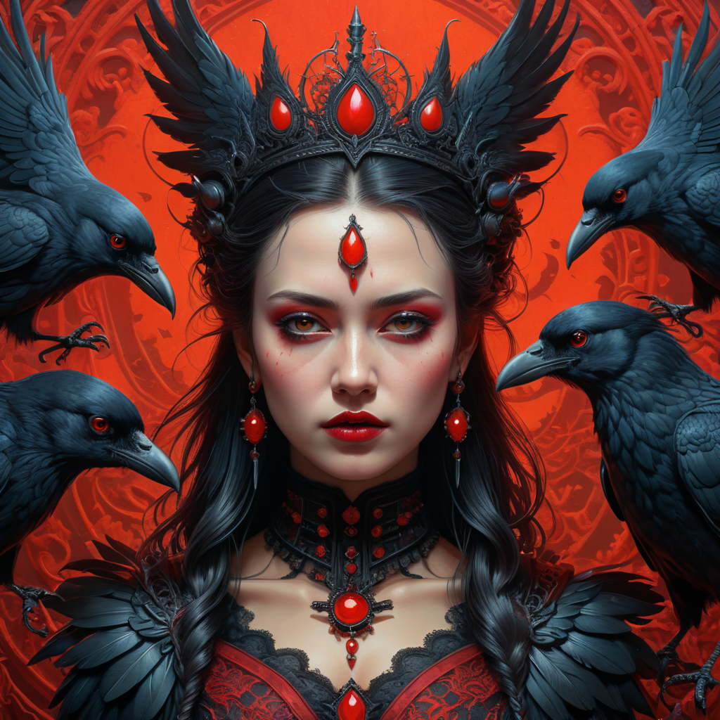 queen of crows art portrait by casey weldon, red and black color palette, olga kvasha, miho hirano, hyperdetailed intricately detailed gothic art trending on artstation triadic colors unreal engine 5 detailed matte painting, deep color, fantastical, intricate detail, splash screen, complementary colors, fantasy concept art, 8k resolution, gothic deviantart masterpiece