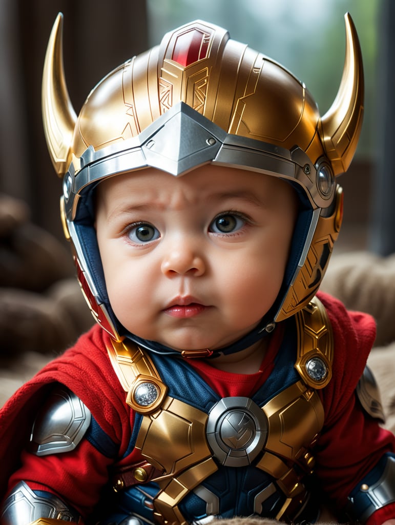 The adorable photo showcases a baby dressed in an thor costume, capturing the essence of the iconic superhero. the little one is nestled comfortably in a red and gold onesie that mimics thor famous armor. the suit features meticulously crafted details, including the arc reactor on the chest and the intricate designs on the helmet. the baby's chubby cheeks and bright eyes give them an extra dose of cuteness as they gaze curiously at the camera, seemingly ready to take on the world.