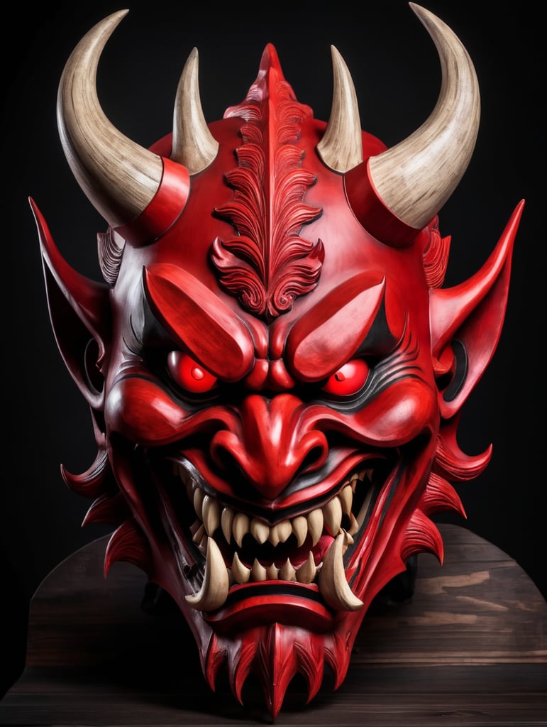 wooden red japanese demon mask with fangs and horns, black background, aggressive, Depth of field, Incredibly high detail