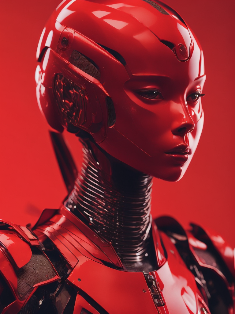 Portrait of an android girl made of red glossy material, sharp highlights, red background, Vivid saturated colors, Contrast color