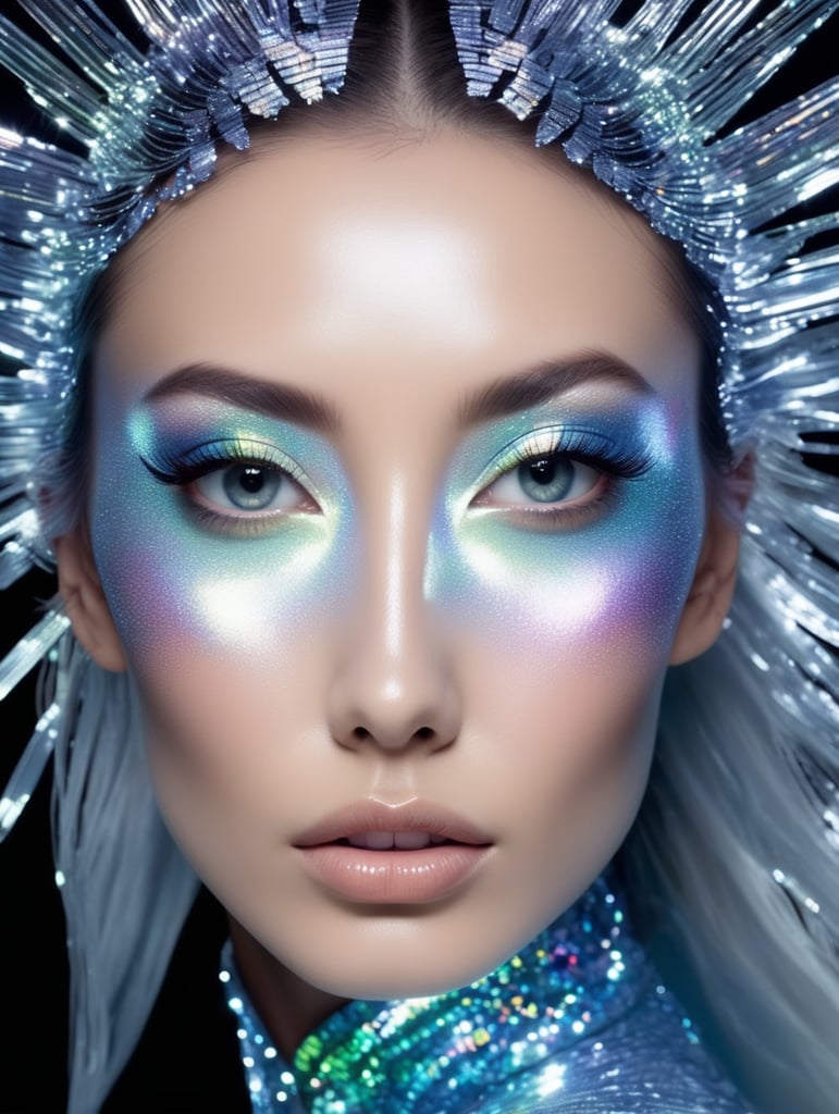 Mesmerizing Holographic face materials shimmer in motion, Photography in the style of Rankin