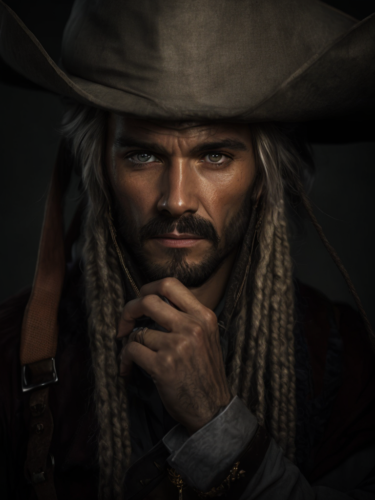 portrait of a pirate, serious look, wrinkles on the face, high-quality rendering, dark atmosphere, muted colors