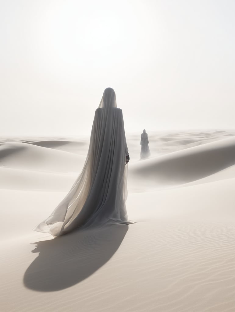 view from behind(((ethereal misty black cloaked woman figure))), clad in dark tones, advancing through a (((dunescape))) under a (rising moon), with (vast, smoldering sand dunes) reflecting an otherworldly light around its surroundings, abstract art