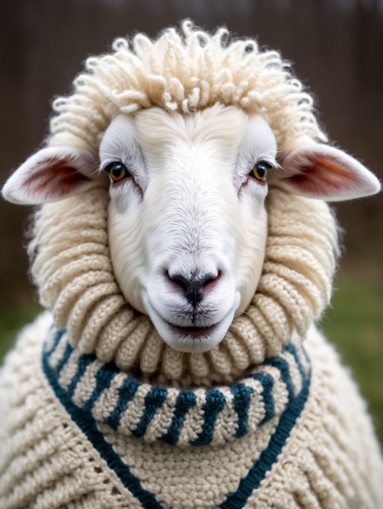 a white sheep wearing very hirsute crocheted sweaters for sheeple, portrait