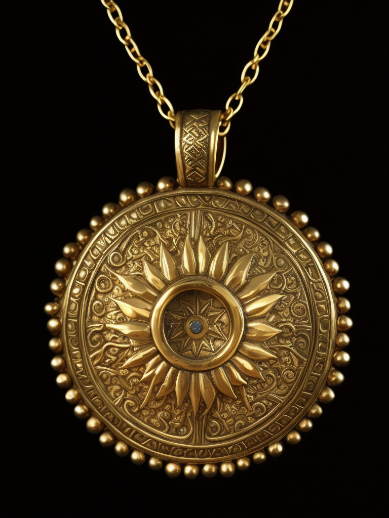 Ancient gold sun neckless, deep carved gold, sharp on details