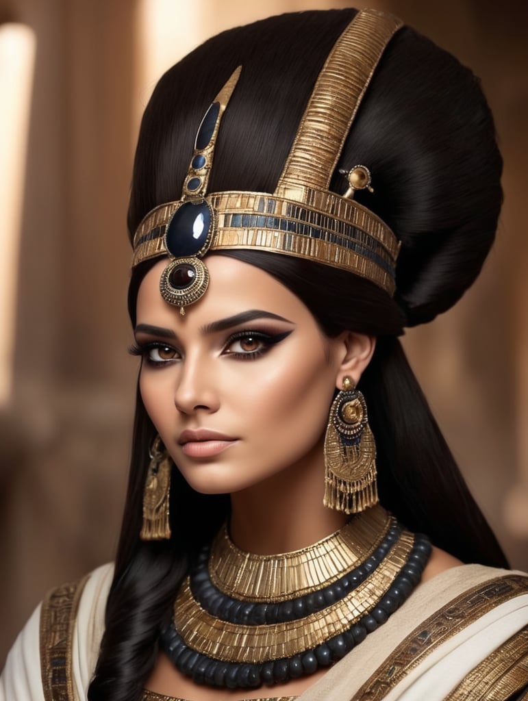 beautiful ancient egypt queen, dark cloth, dark hair, brown eye, head accessories