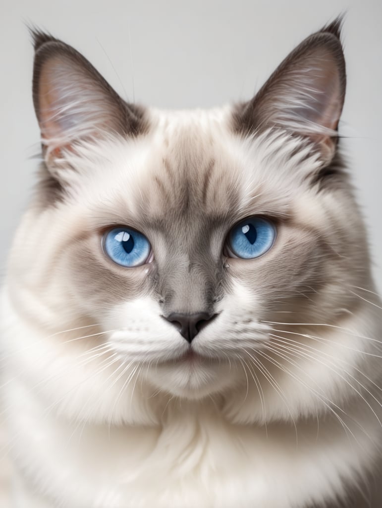 Ragdoll cat with blue eyes looking at the camera. Smiling face. Shot in studio on white background