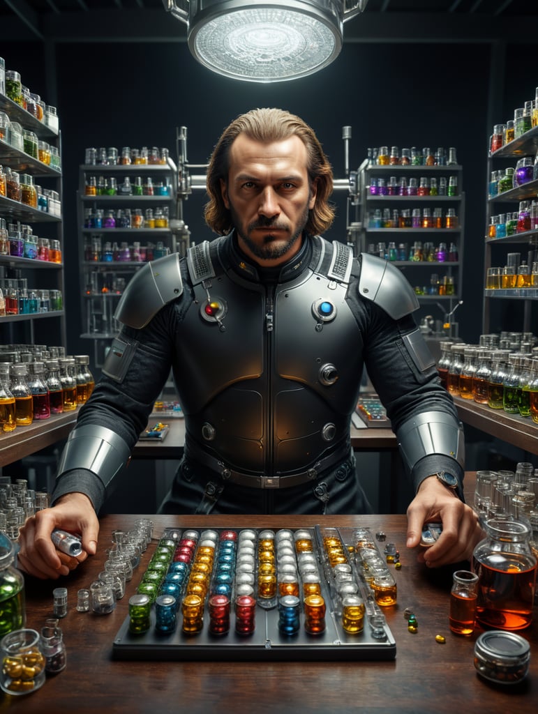 Casimir Funk in a lab with some vitamin capsules on the table, looking at the camera