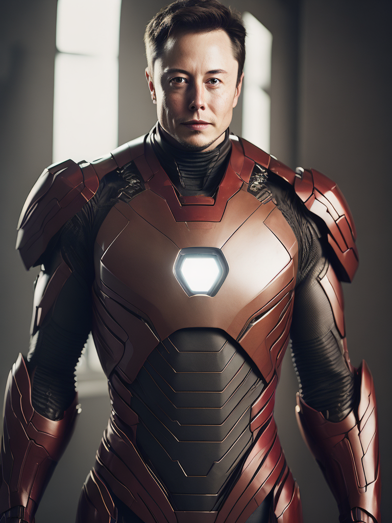 Elon Musk in the Iron Man suit from the Marvel Universe, Full body, high definition, photography, cinematic, detailed character portrait, detailed and intricate environment,