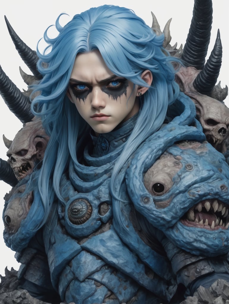 anime, a mound of flesh creature, with solid black eyes, and blue hair surrounding it.