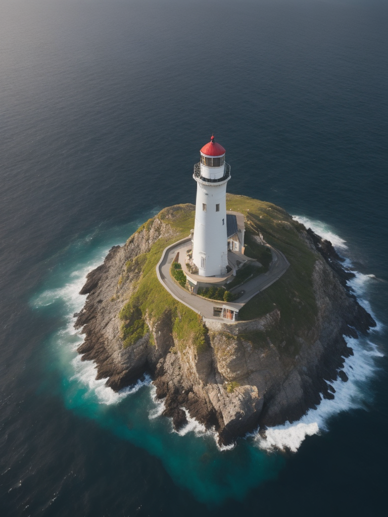 Drone photography, aerial view, Lighthouse island, Hyperdetailed, Beautiful landscape, Rocky cliffs, grass, Surreal, ocean, Coastal, Natural lighting, shadows, Chiaroscuro, waterfall, Hdr, 8k, wallpaper, Ivan Shishkin, Dustin Lefevre, intricate detail, Photorealistic