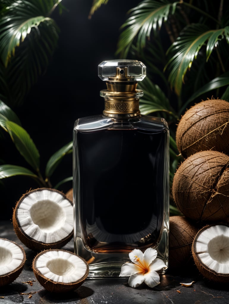 professional photography of a luxury perfume, square bottle, surrounding a coconut, no label, clear, mockup