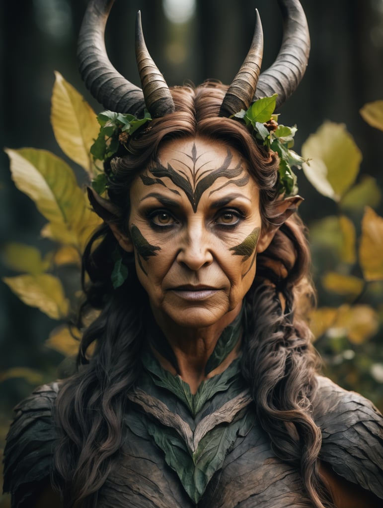 Ultrafine portrait of an old female faun, with a skin made of wood, looking at the camera, front view, with short and curve horns on her head, leaves on its hair, god of nature, sharp details,inspired by poison ivy from Batman,