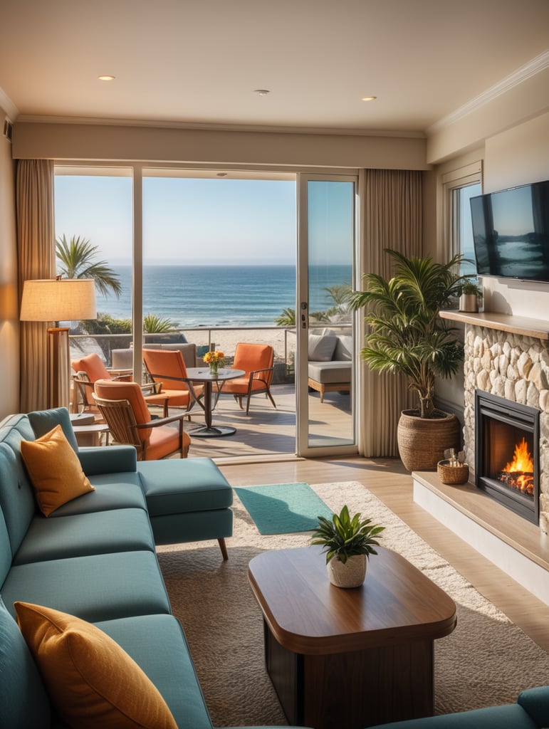 Small beach modern retro hotel with open living space with fireplace and sofa overlooking the ocean. Bright colors