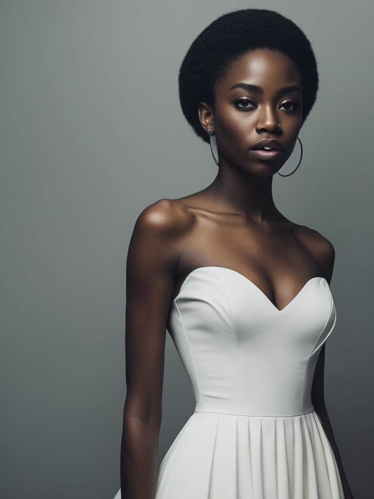 Portrait of a beautiful african american woman wearing a white wedding dress, by tran nguyen