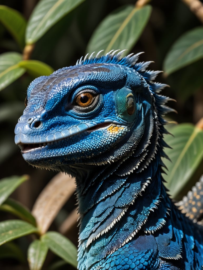 Blue feathered lizard, Vibrant colors, Depth of field, Incredibly high detail, Blurred background