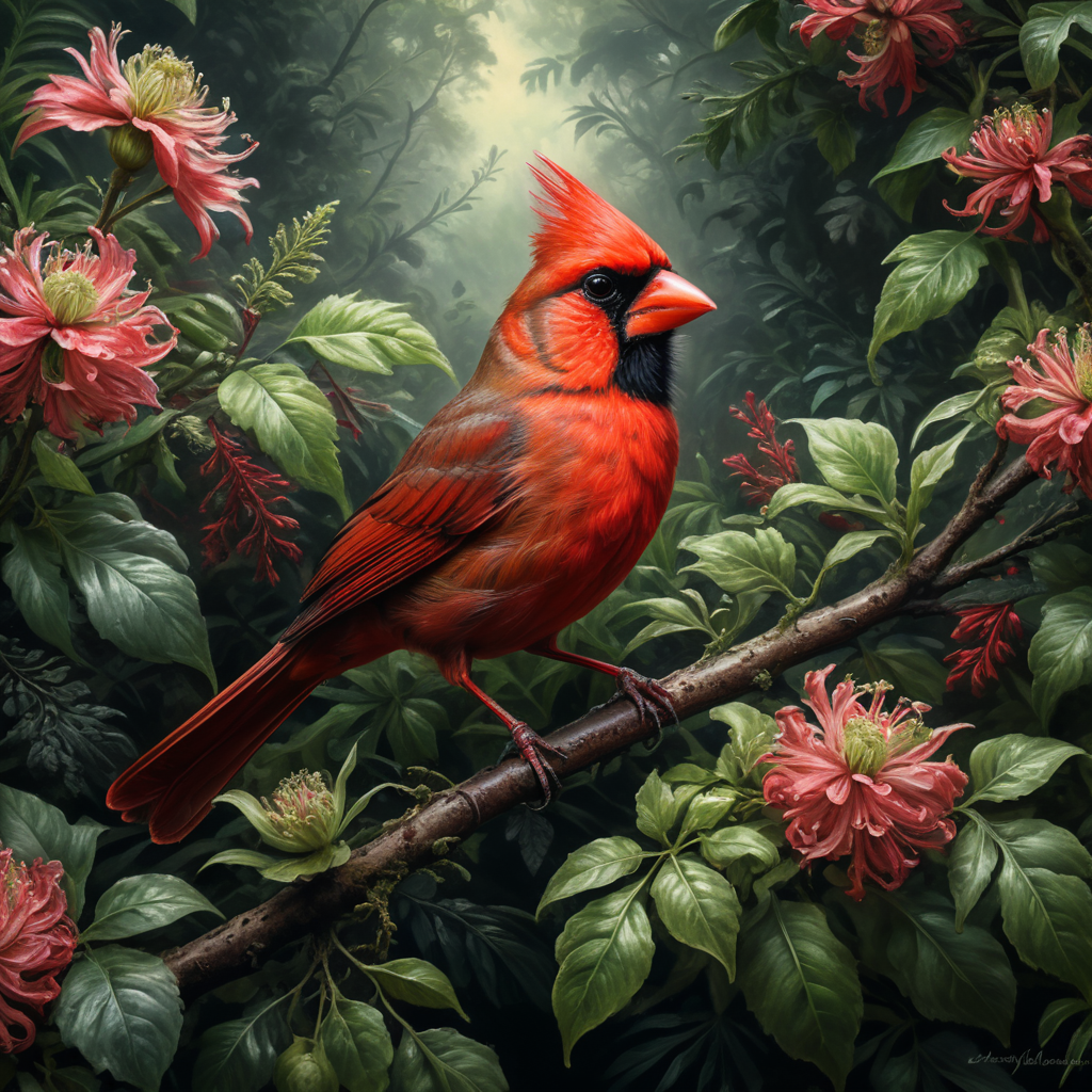 An Edwardian botanical oil painting, illustration of a red cardinal bird on a branch surrounded by flora and fauna