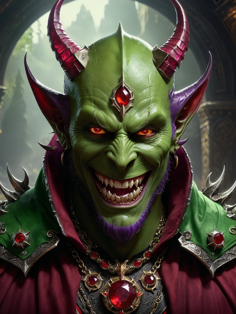 Warlock tiefling devil horns purple eyes fanged smile green power Ruby necklace red cloak