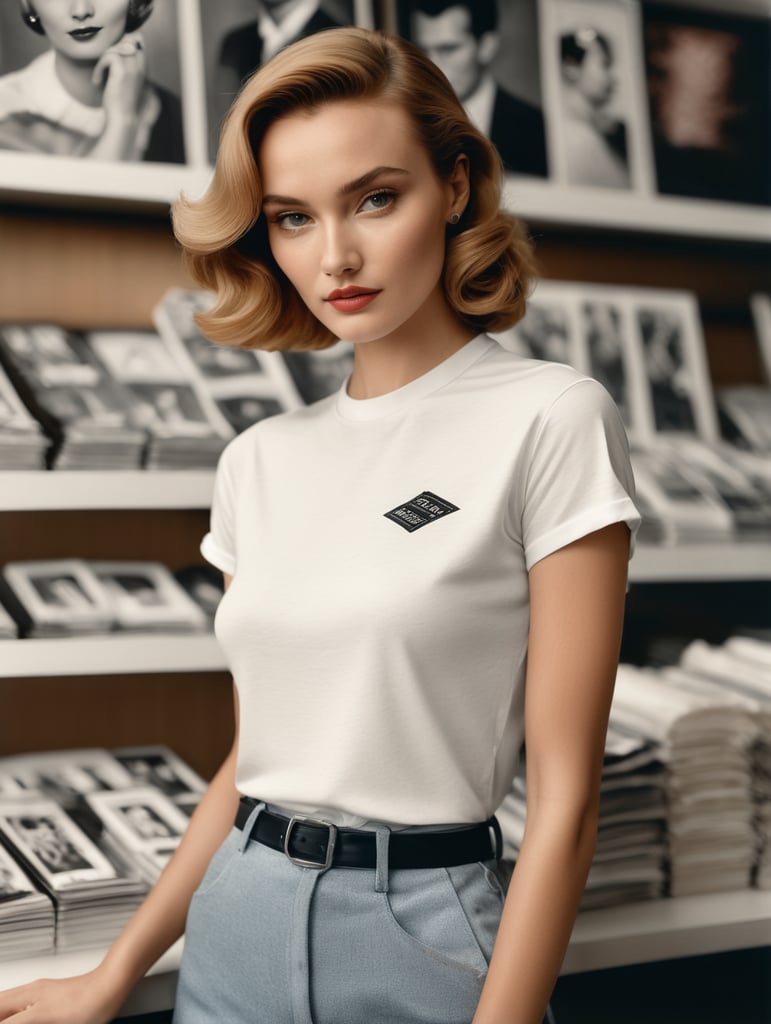 Extremely detailed photographic image, grained image, beautifully composed, monochrome image, 50's fashionable image, fashionable magazine photography, leica summicron 35mm f2.0, kodak 400tx, fashion photography, fashionable model, william s. burroughs, Woman wearing blank white T-Shirt in Clothing Store Mockup, mock up