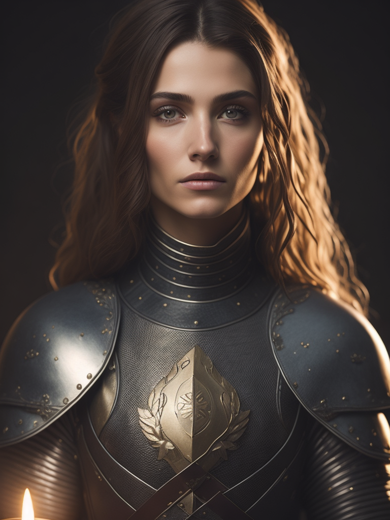 Joan of Arc, Medieval France, Petite and Lean, Armor with a White Surcoat and Cross, Adobe Photoshop, Realistic Digital Painting, Historical Portrait, High Resolution, Warm Candlelight, Symbolic Art, Brave, Resolute Expression, Inspirational Atmosphere