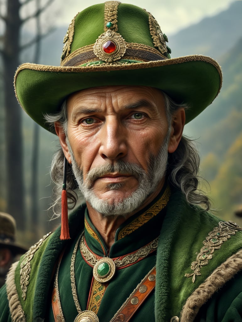 Retro portrait, an old Austrian hunter wearing Green Tryolean Hat and traditional costume