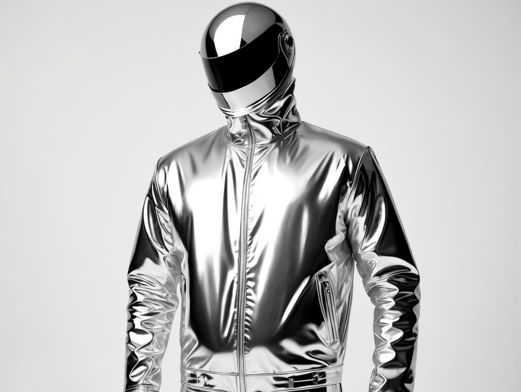 A realistic photo of a chrome shiny jacket on a invisible mannequin, coverall with reflective material, isolated, white background