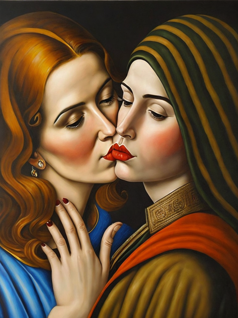 a two women kissing, style of Catherine Nolin, Painting, Acrylic, Oil, Portrait, Interior, USA