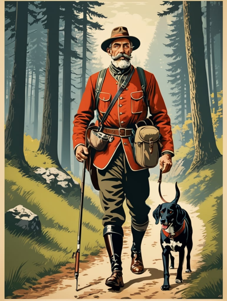 Retro poster an old Austrian hunter with a hunting dog walks along a forest path, dressed in traditional Austrian clothes, carrying a backpack with things, caught game in his belt